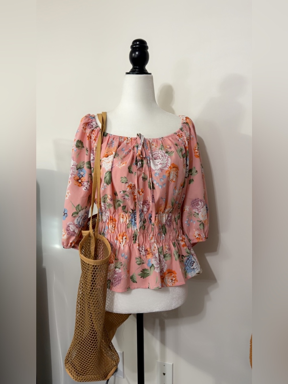 2 in 1 Pink Floral Smocked Peplum Blouse and Mesh Market Bag